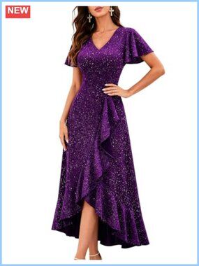 Long Sequin Formal Dress V Neck Flutter Sleeve A Line Maxi